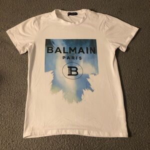 🔥🔥Balmain White Tee with Blue Graphic